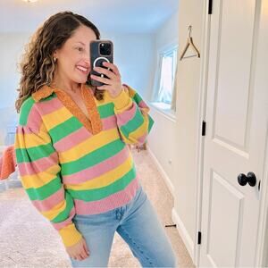 Tanya Taylor Green Yellow Pink Striped Collared Sweater Small
